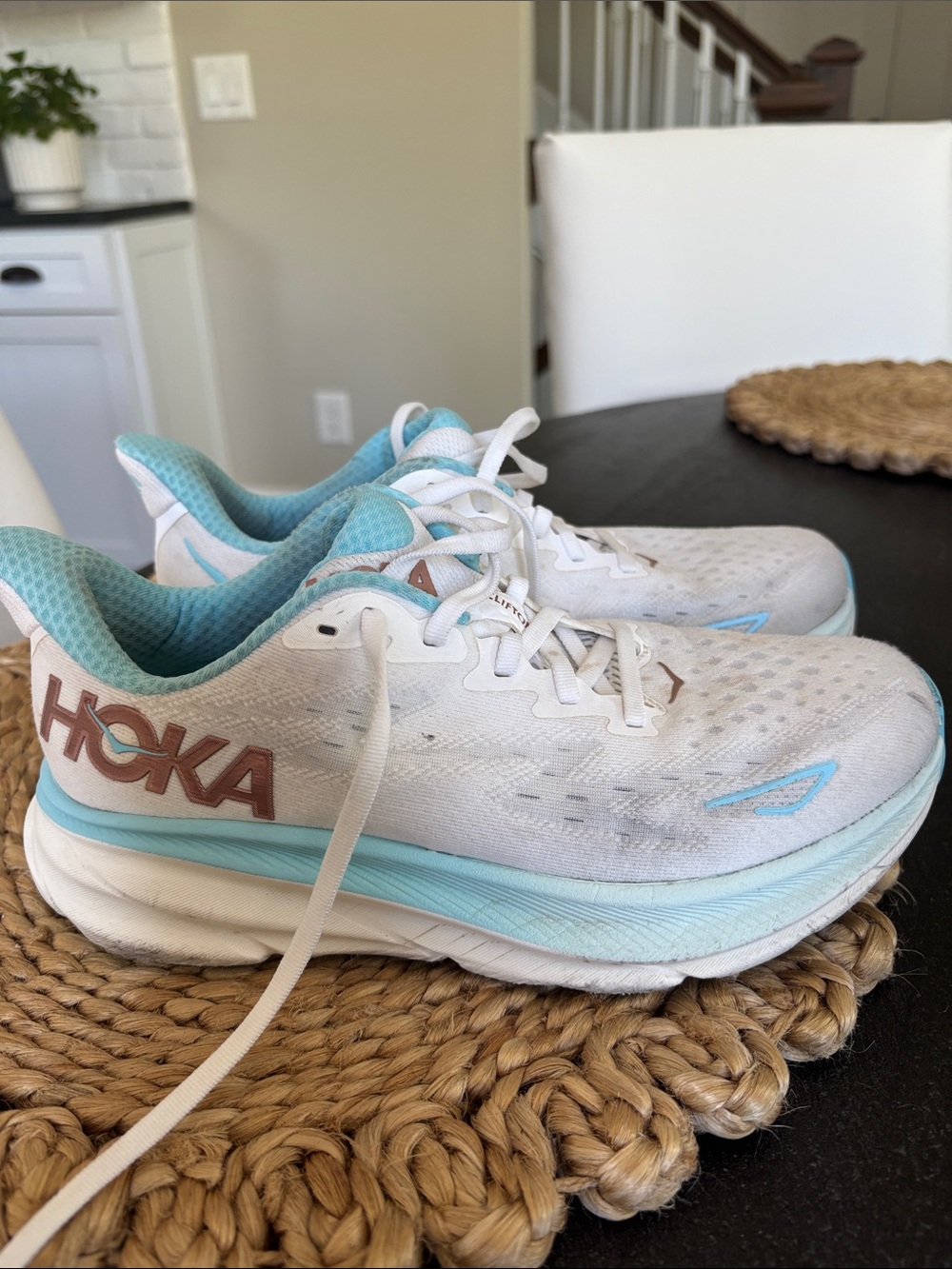Hoka White and Light Blue Women's Running Sneakers.  Size 7 D (wide)